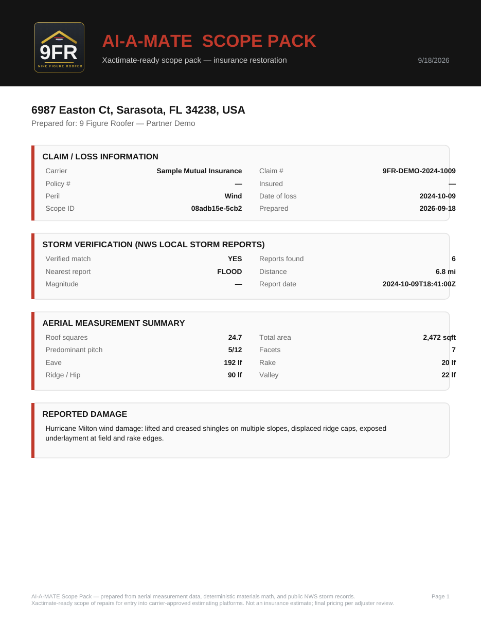 AI-A-MATE scope pack page 1 — claim information, NWS storm verification match, aerial measurement summary